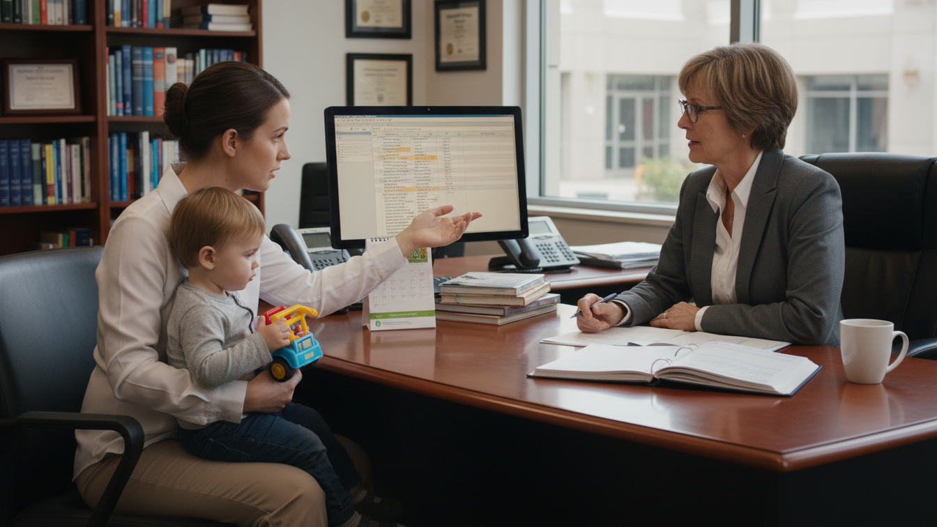 Parent meeting with advisor to choose childcare-friendly nursing program in Arizona.