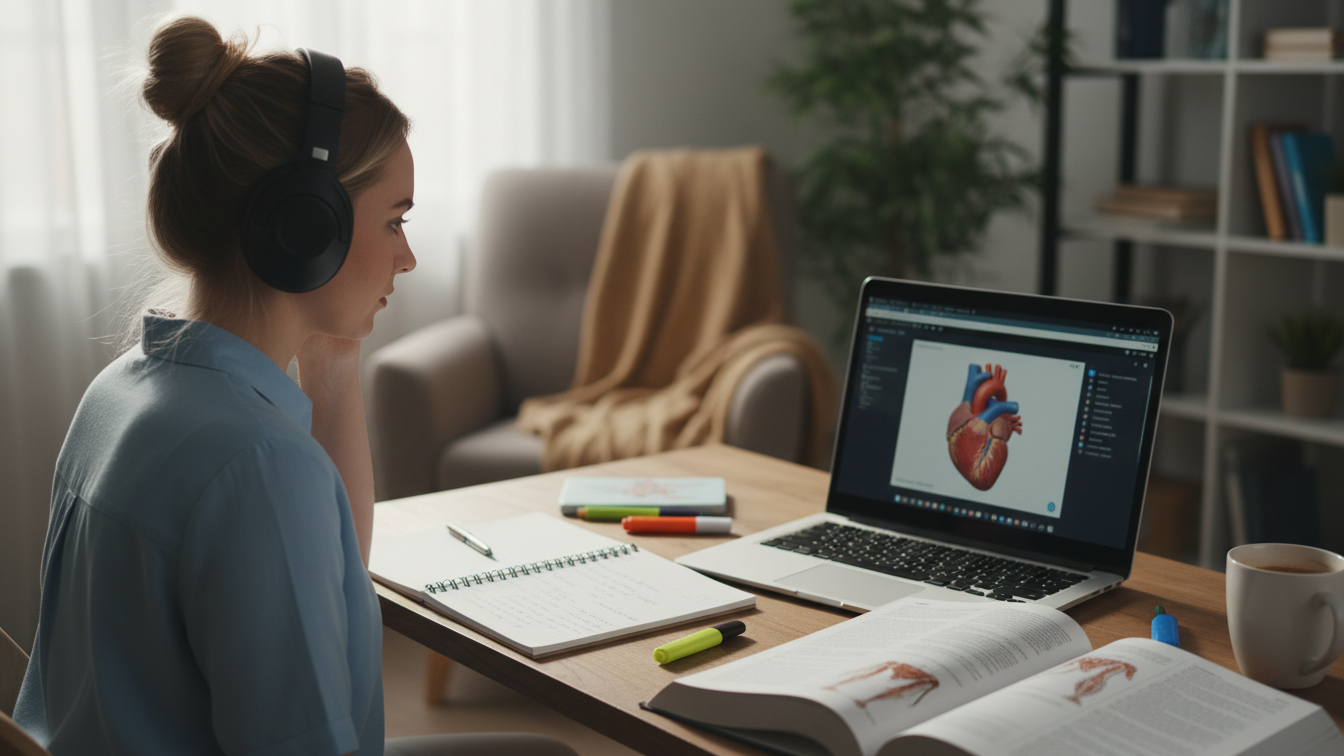 Nursing student using free YouTube study resources.