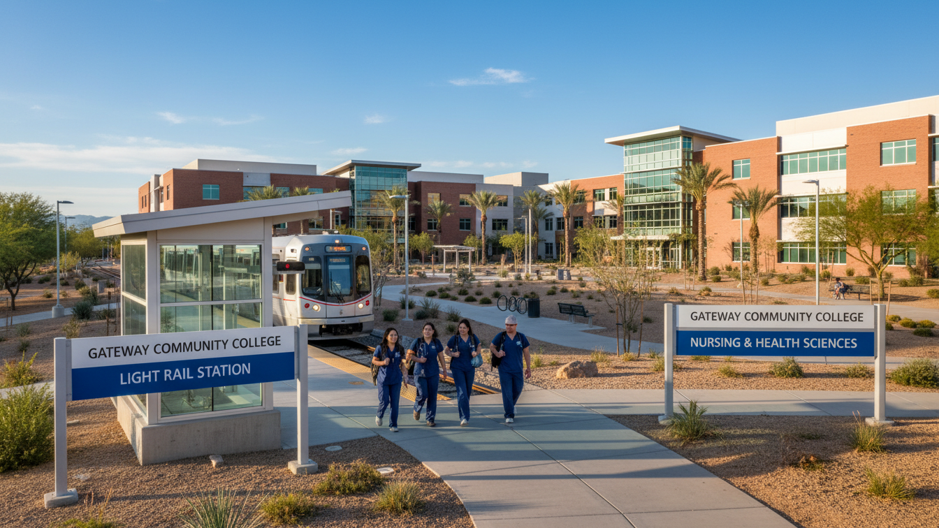 GateWay Community College nursing students using light rail for campus access.