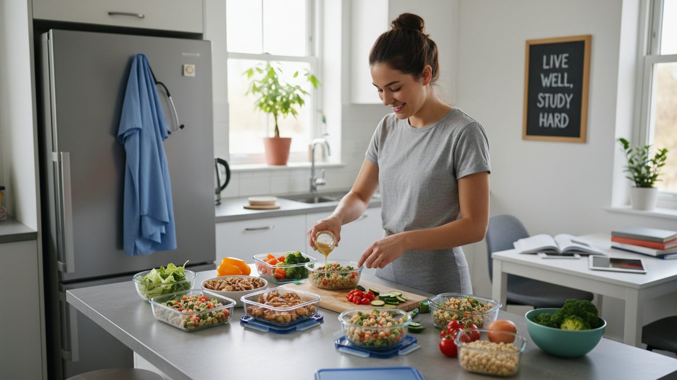 Nursing student preparing healthy meals to support long study hours.