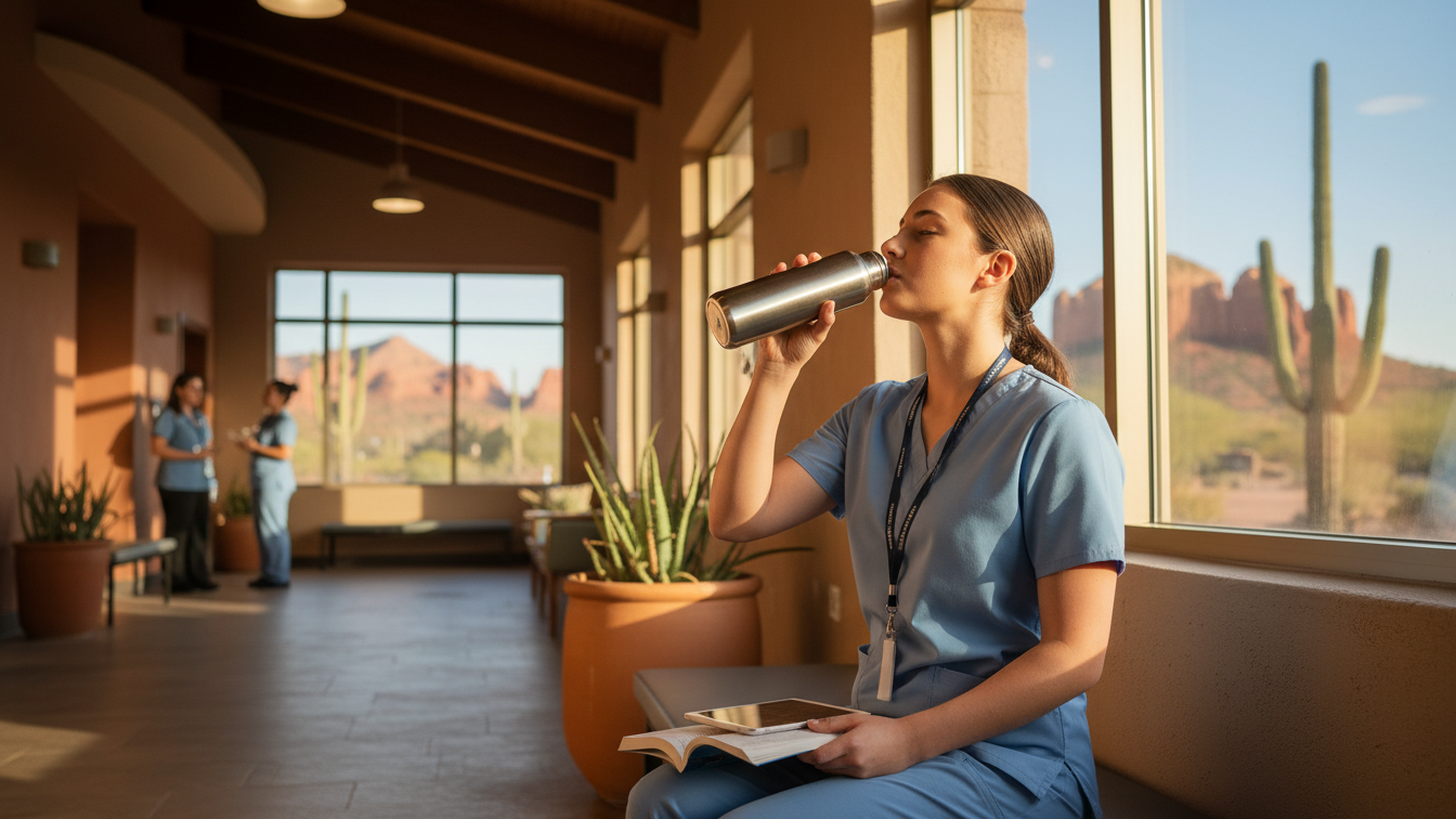 Nursing student staying hydrated during Arizona clinical rotation.