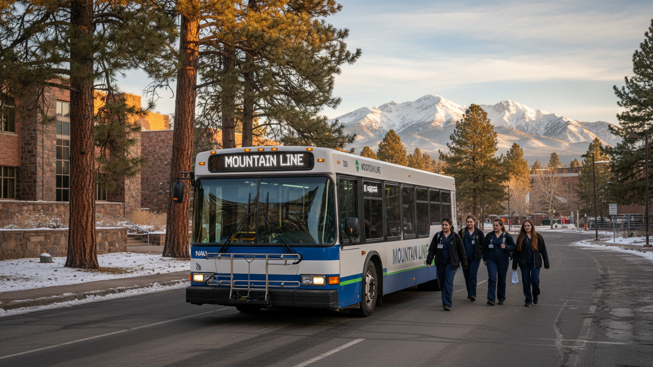 NAU nursing students commuting using Mountain Line transit in Flagstaff.