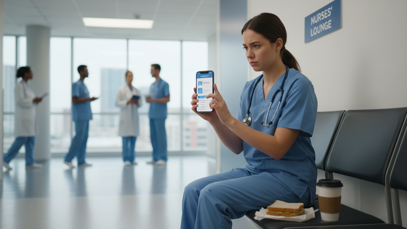 Nursing student studying with NCLEX prep app on phone.