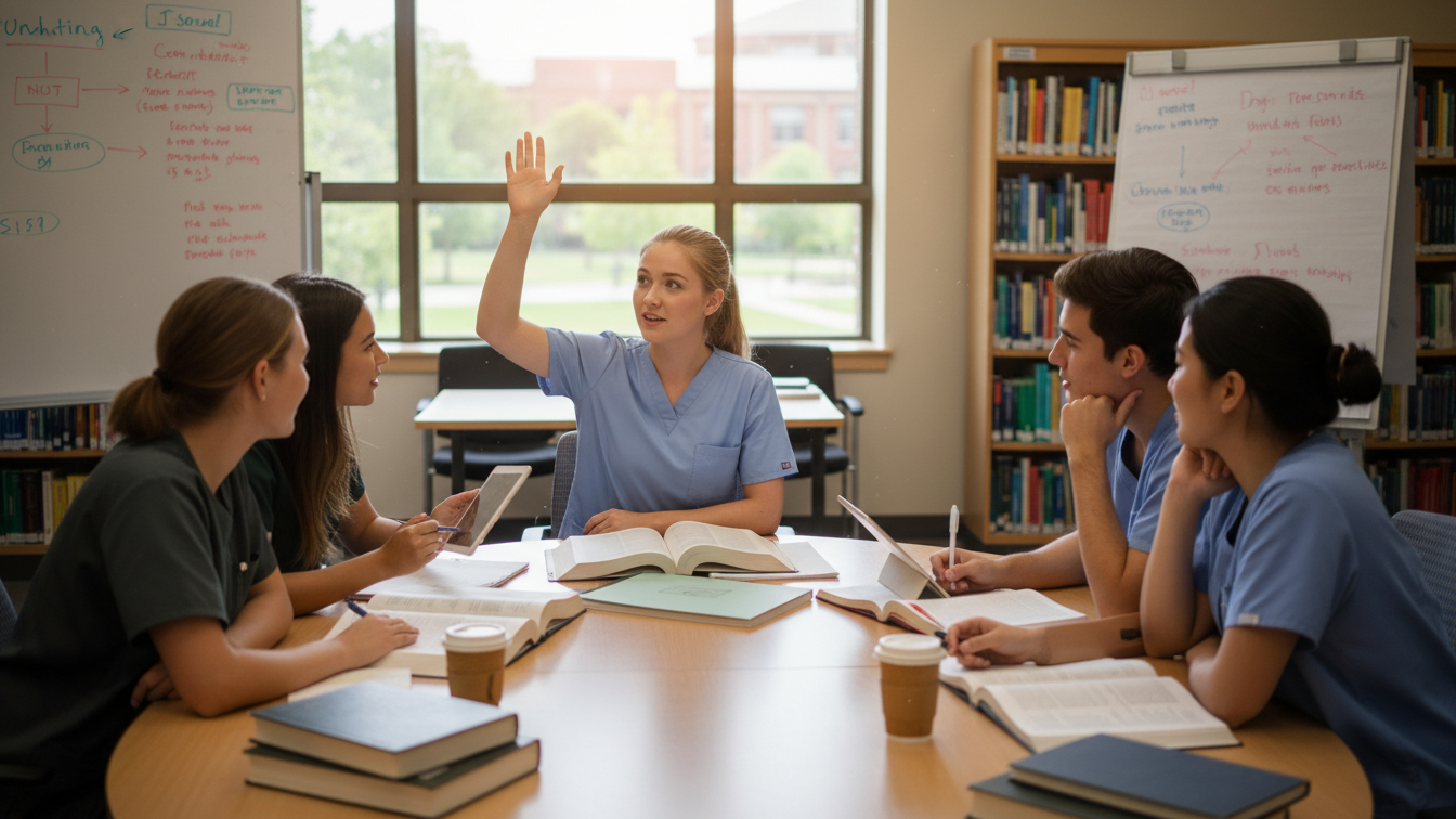 Nursing students discussing NCLEX preparation strategies.