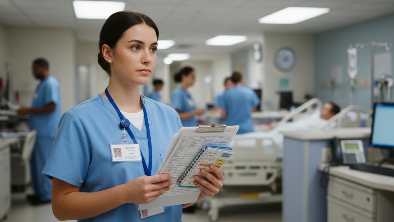 Nursing student using brain sheet to organize patient care during clinicals.