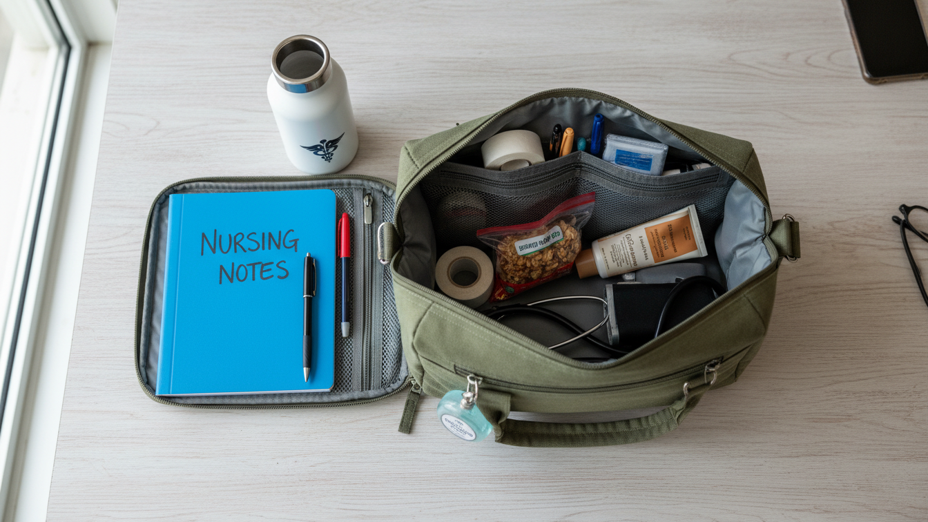 Nursing clinical bag packed with essential supplies and healthy snacks.