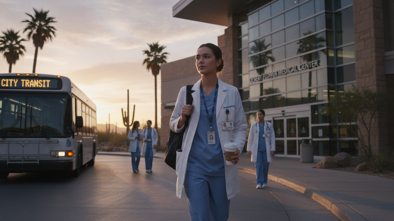 Nursing student using public transit to reach clinical rotation site.