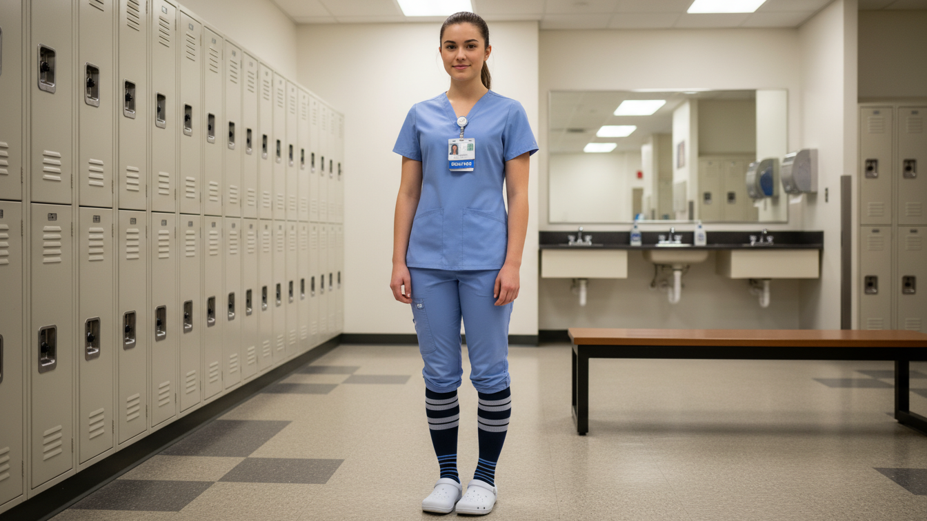 Nursing student wearing approved scrubs and ID badge for Arizona clinicals.