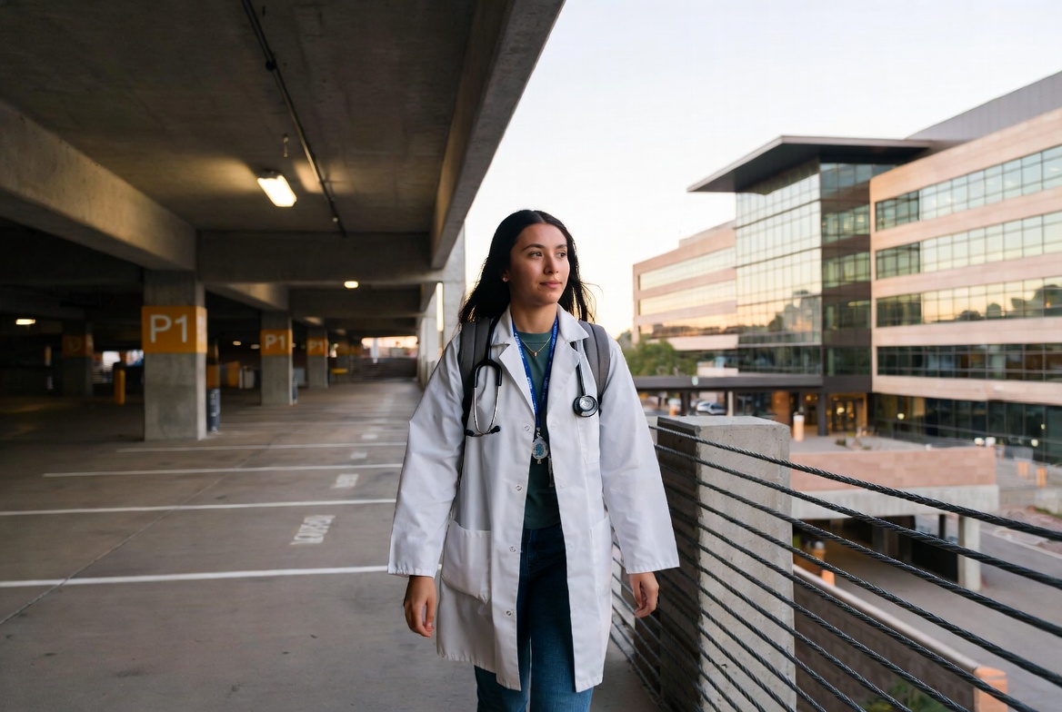 Nursing student arriving early for clinicals at Arizona hospital.