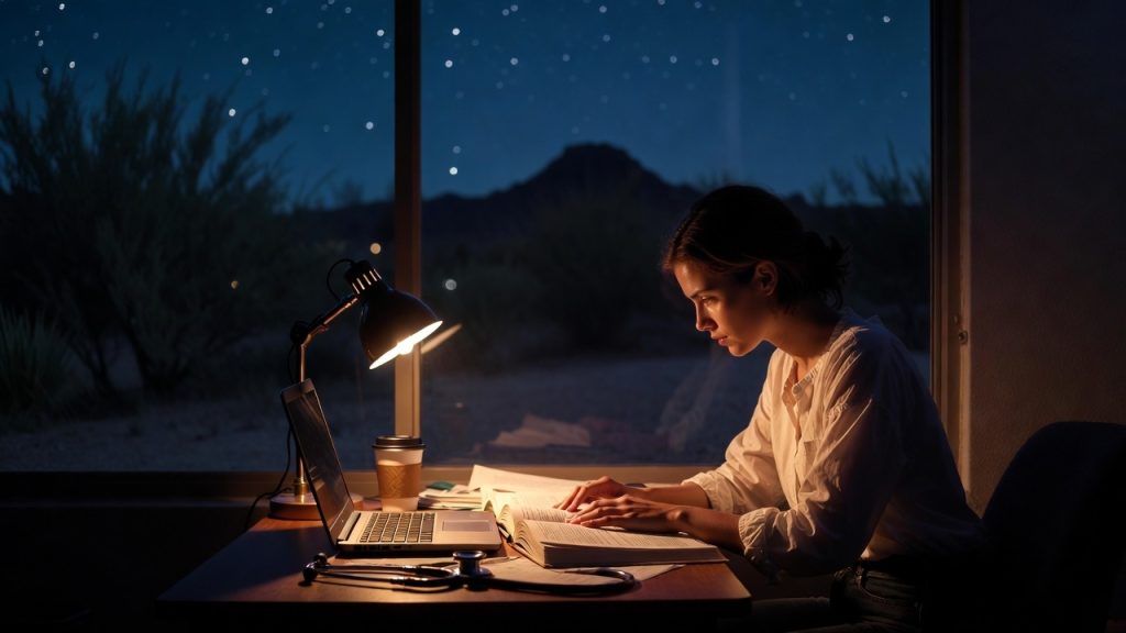 Nursing student studying late at night in Arizona nursing school.