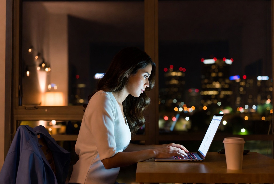 Arizona nursing student using laptop after clinical shift for online classes