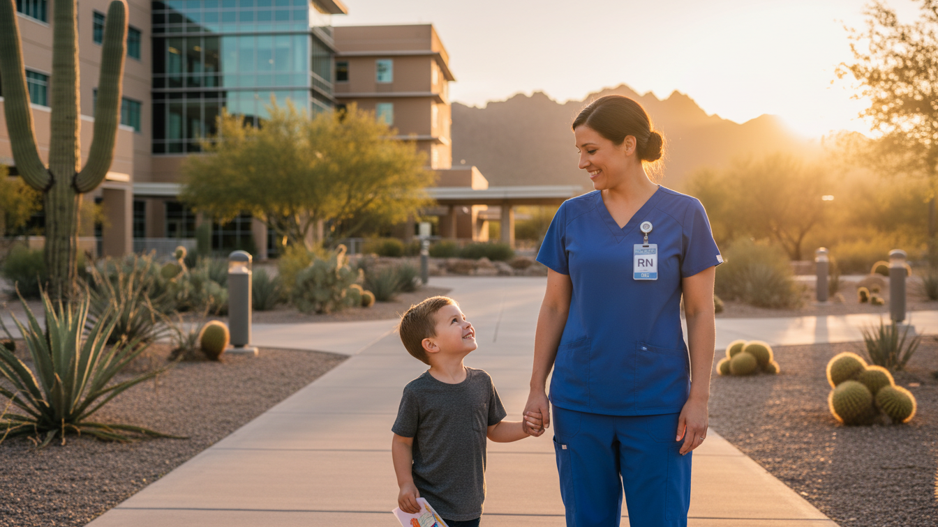 Parent succeeding as a nurse after completing childcare-friendly nursing program in Arizona.