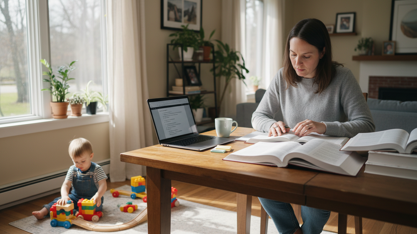 Parent balancing nursing school studies and childcare at home in Arizona.