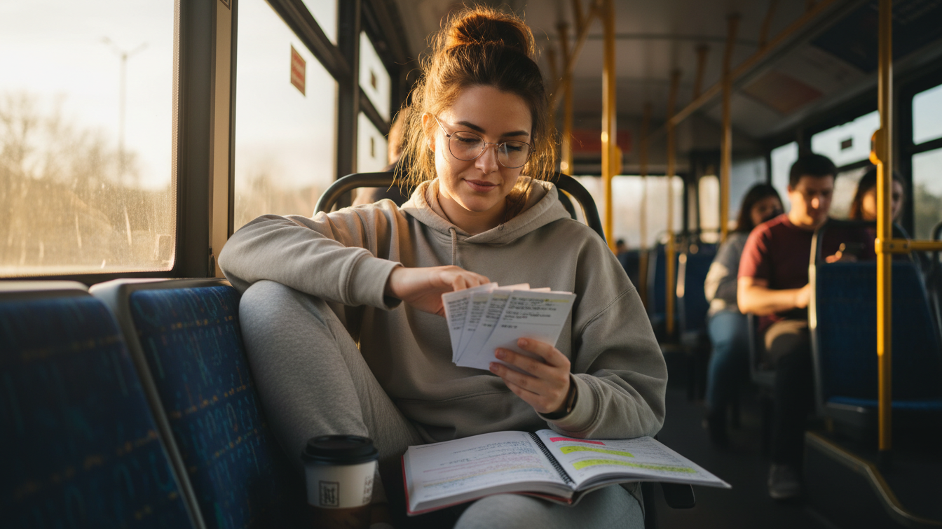 Nursing student studying during public transit commute.