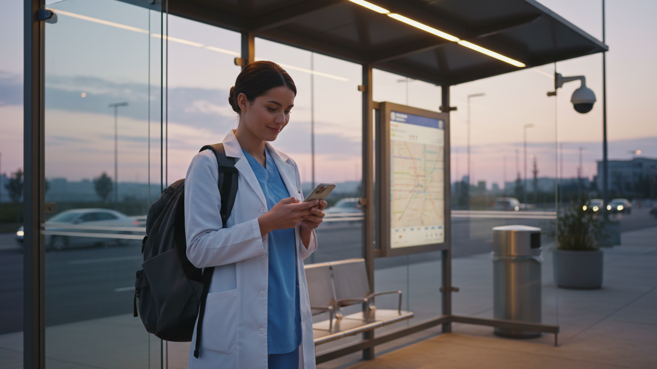 Nursing student safely using public transportation early in the morning.