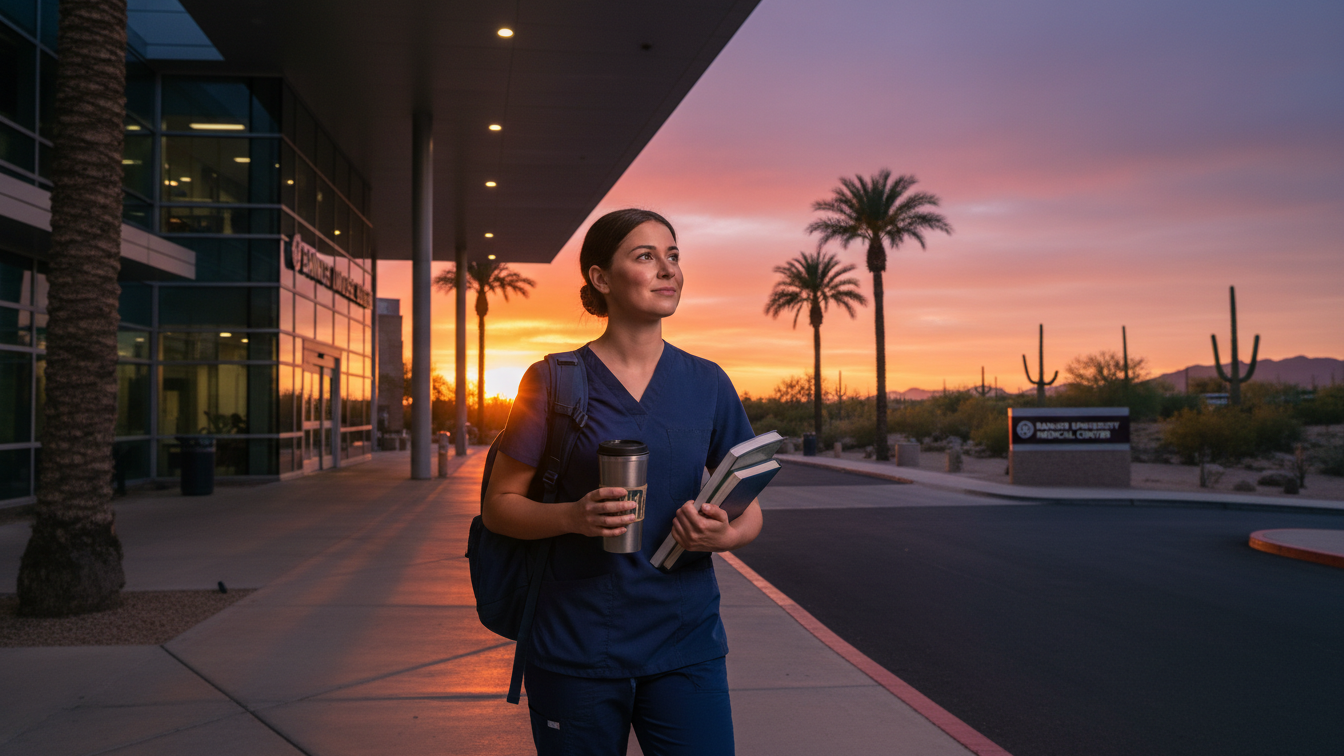 Nursing student leaving hospital after clinical rotation in Arizona.