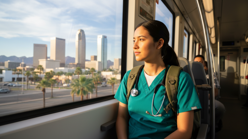 Nursing student commuting to Arizona nursing school using public transportation.