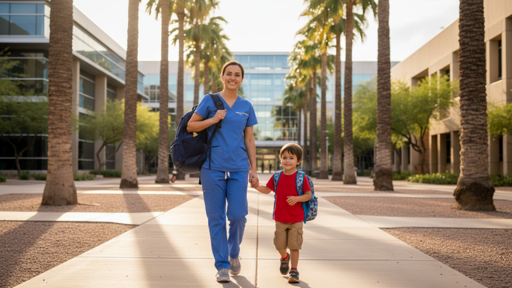 Parent nursing student on Arizona campus representing childcare-friendly nursing schools in AZ.
