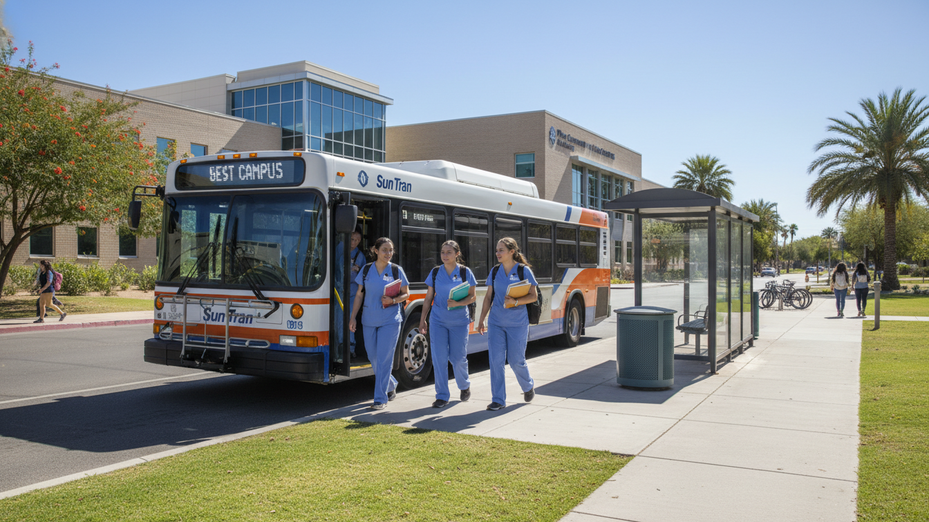 Tucson nursing students using Sun Tran bus service to reach campus.
