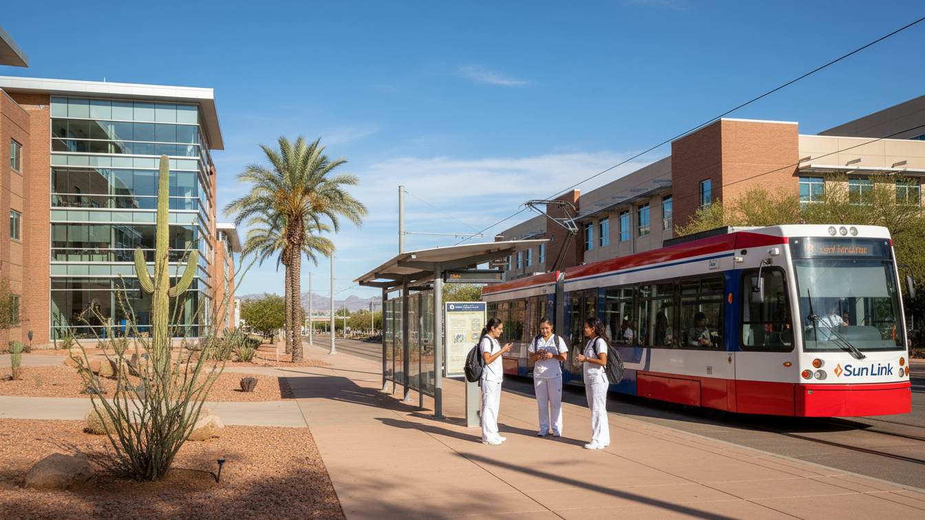 University of Arizona nursing students commuting via Sun Link streetcar.