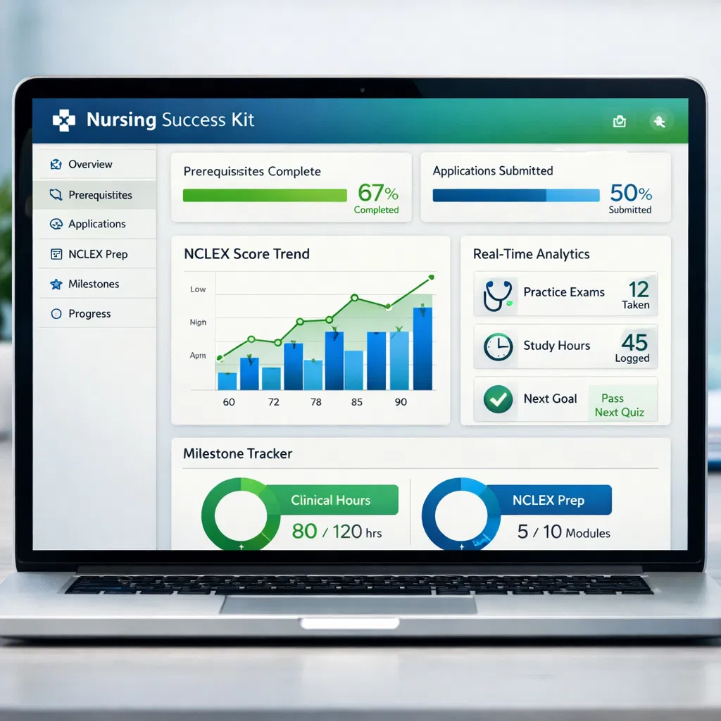 Nursing Success Kit Dashboard showing prerequisites tracking at 67%, applications at 50%, NCLEX score trend chart, real-time analytics with 12 practice exams and 45 study hours, plus milestone tracker for clinical hours and NCLEX prep modules