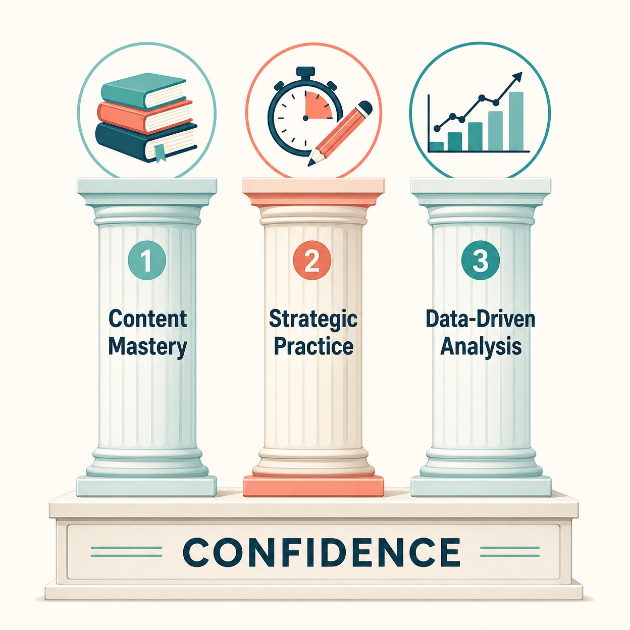 Infographic showing the 3 pillars of an effective NCLEX prep system: content mastery, strategic practice, and data-driven analysis