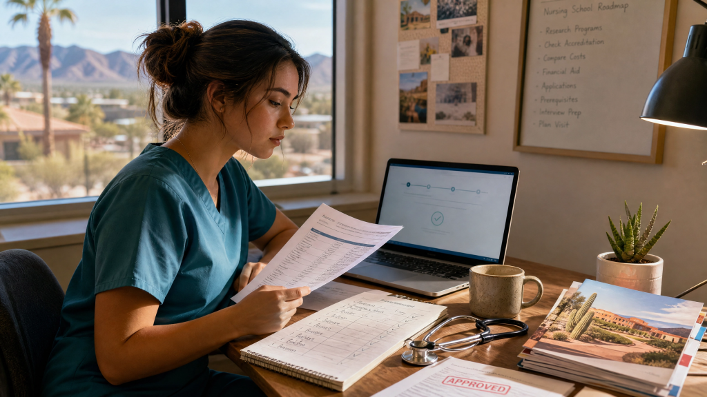 Prospective nursing student verifying ACEN accredited nursing schools in Arizona from an official list