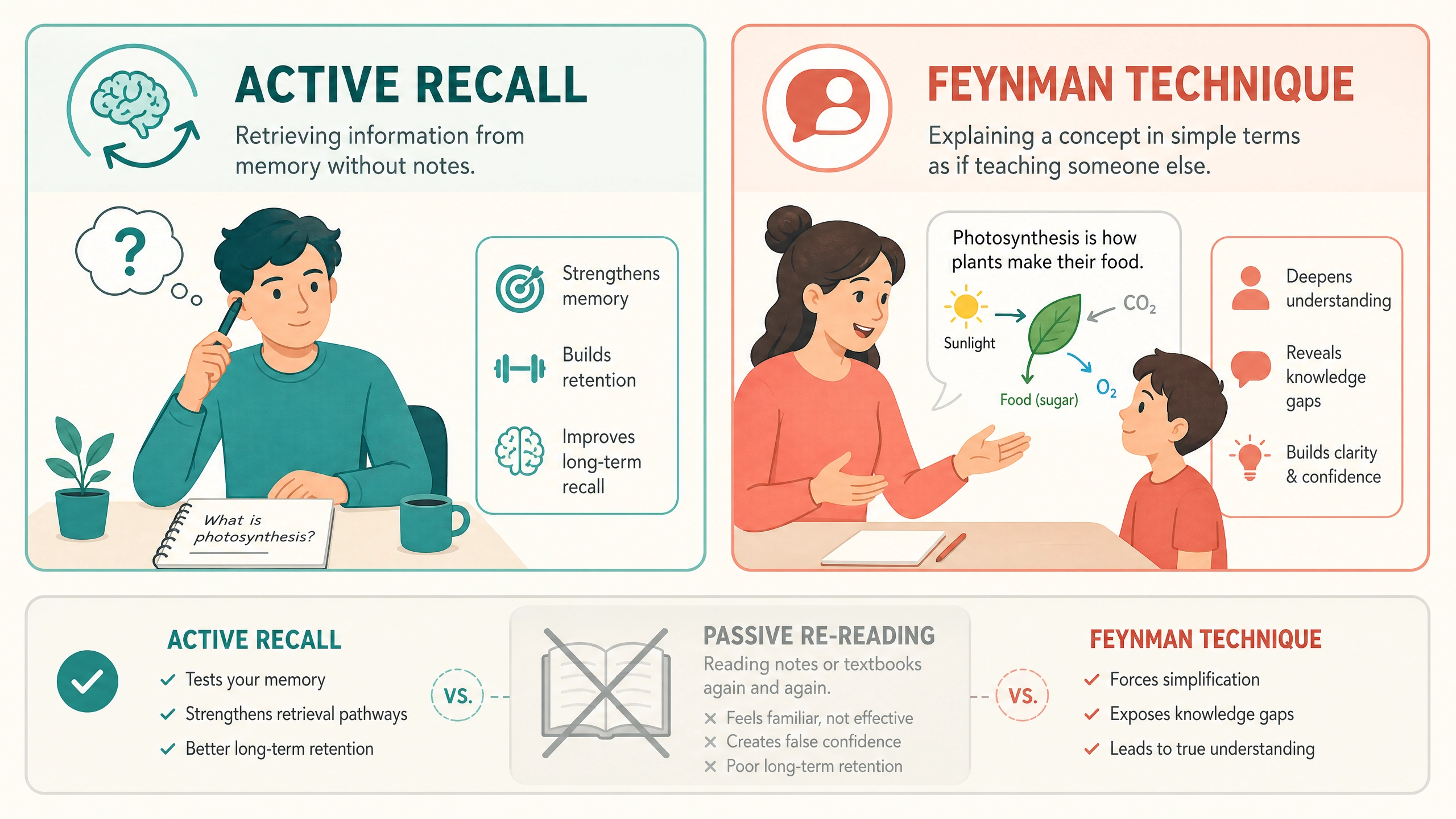 Infographic comparing active recall and the Feynman technique as evidence-based nursing school study strategies
