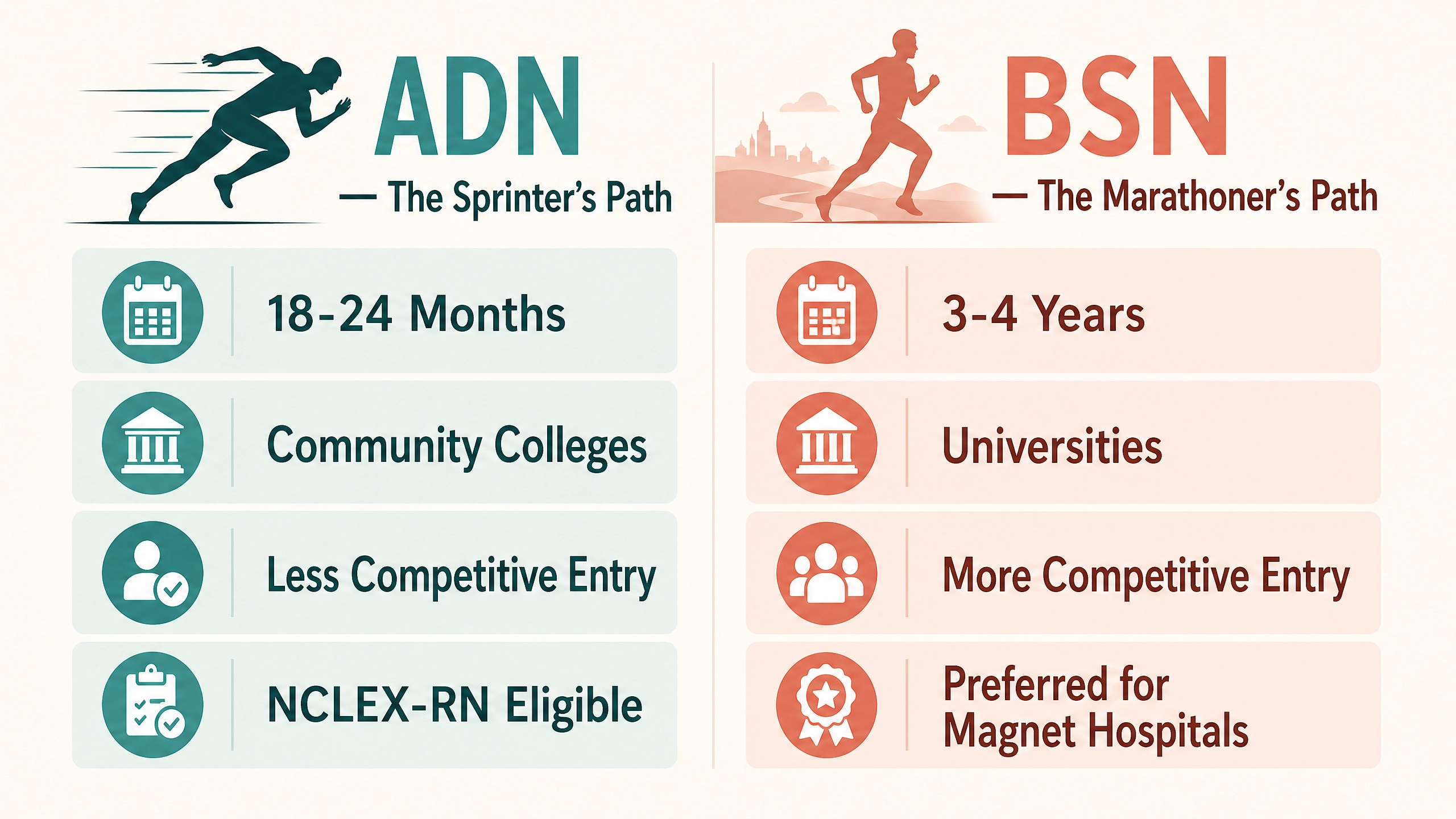 Comparison infographic of ADN versus BSN nursing programs in Arizona with timelines and entry requirements