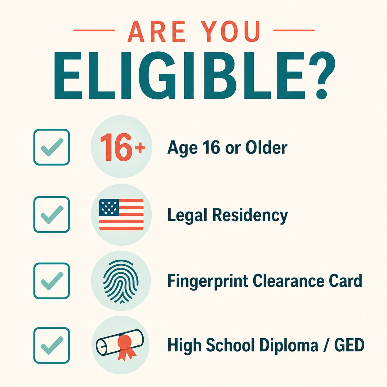 Arizona CNA eligibility requirements checklist including age, residency, fingerprint clearance, and education