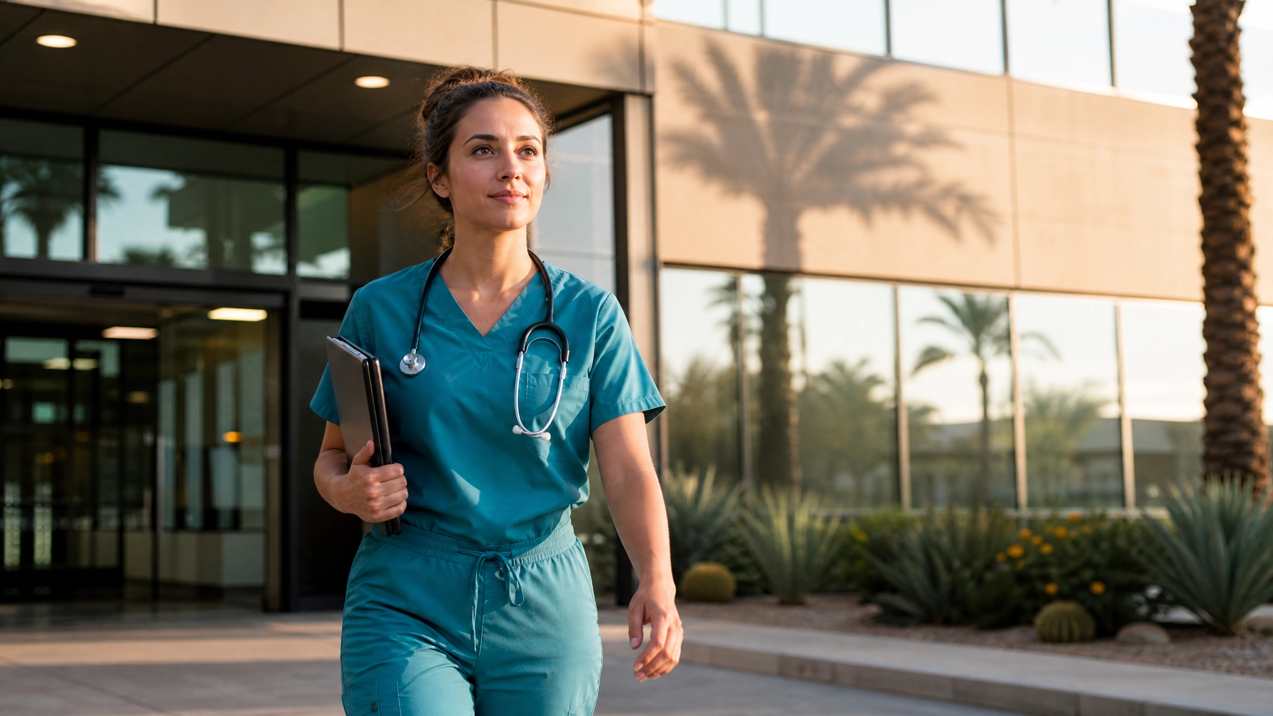 New Arizona nurse walking into a hospital ready to start her career after passing the NCLEX