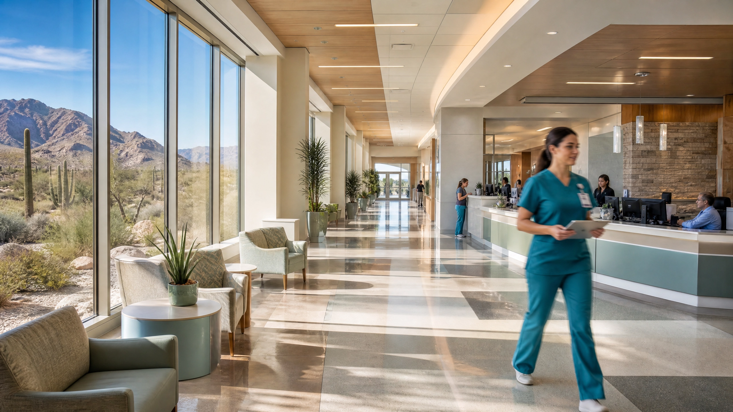 Modern Arizona hospital corridor representing fast-paced CNA job environments at major healthcare networks