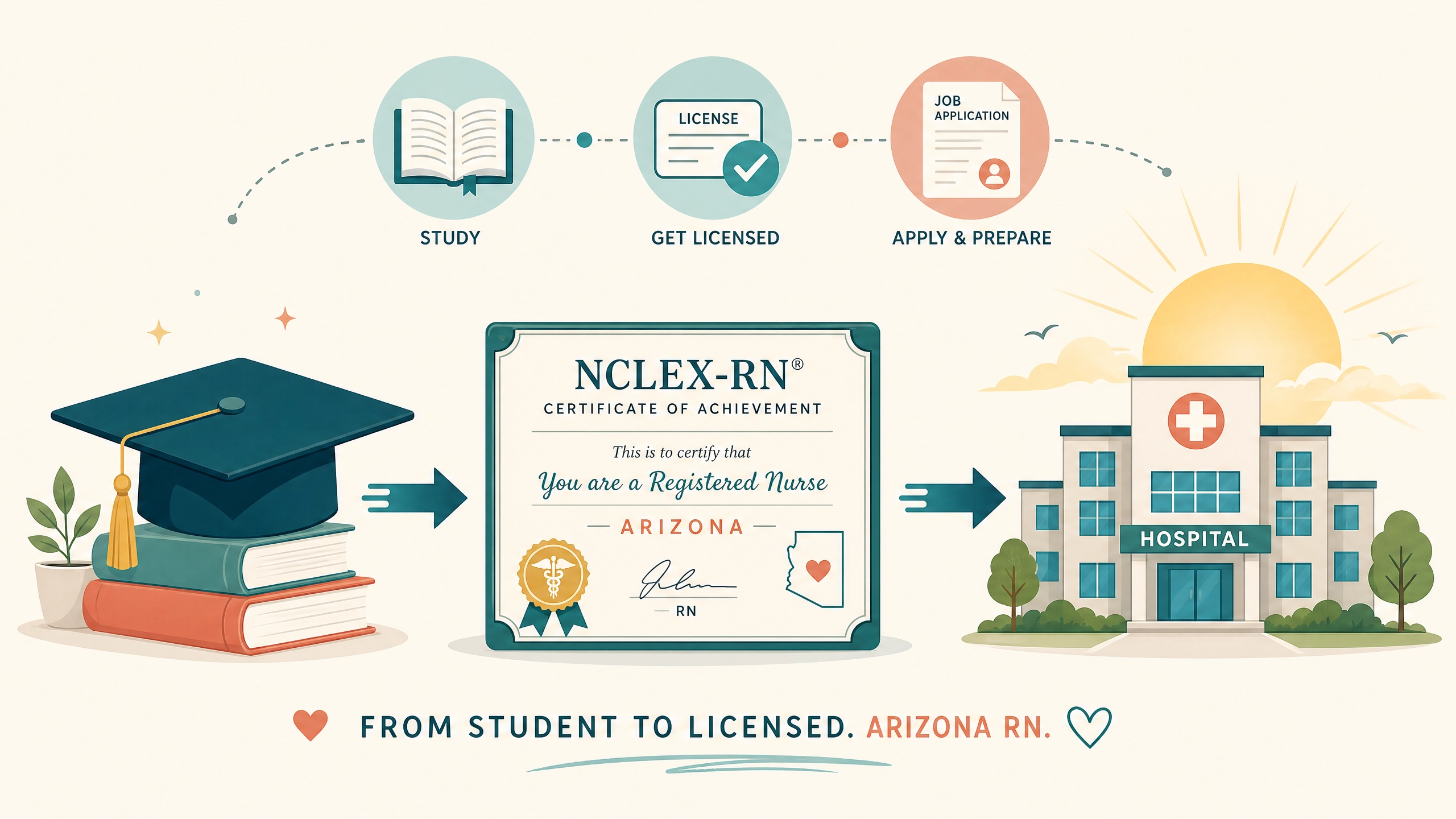 New Arizona registered nurse starting her first hospital job after passing the NCLEX with a structured prep syste