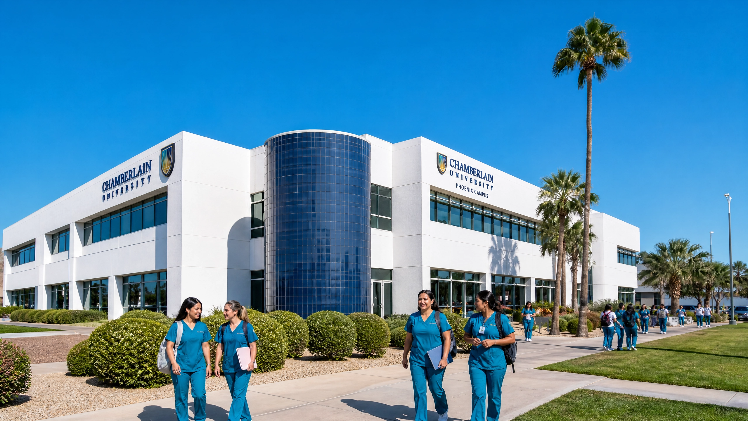 Modern Phoenix nursing school campus building representing Chamberlain University's healthcare-focused environment
