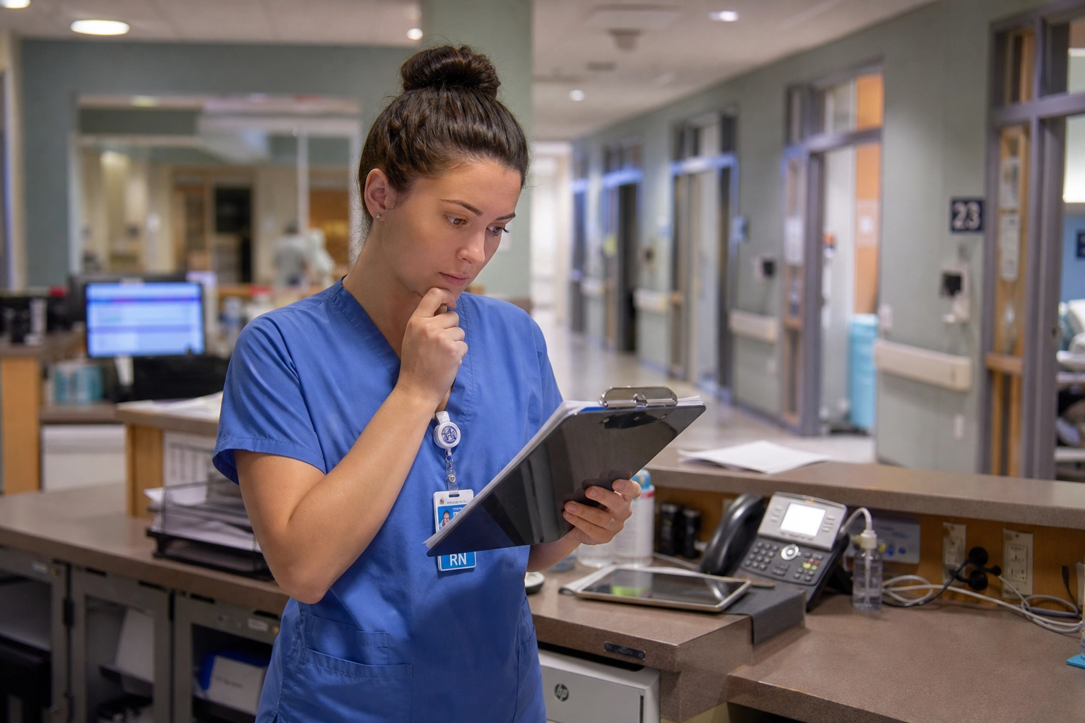 Nurse reviewing patient charts at a hospital station, illustrating clinical judgment and prioritization skills tested on the NCLEX.