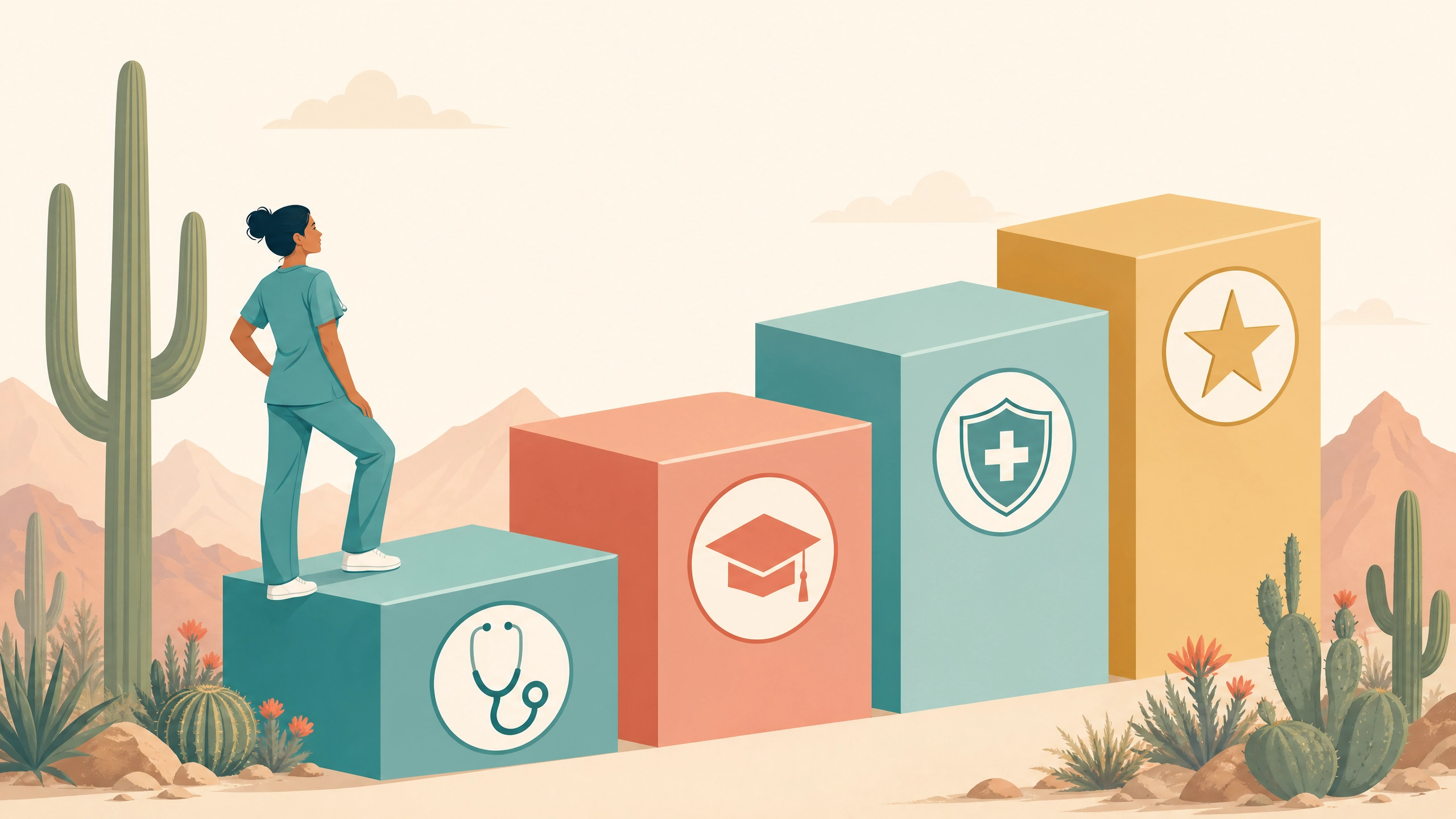 Arizona nursing career pathway showing how a CNA job in Scottsdale leads to becoming a Registered Nurse