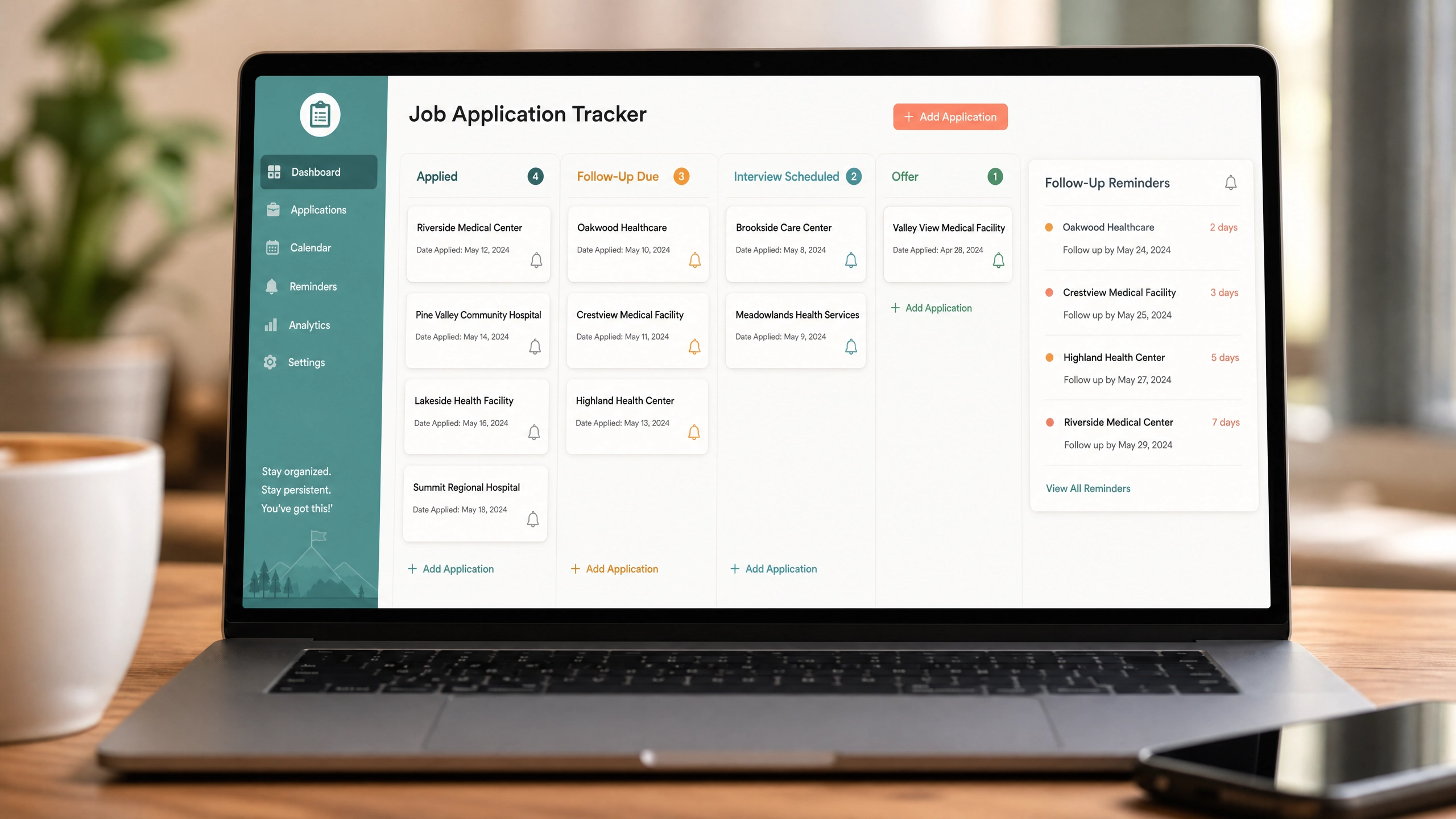Job application tracker dashboard for organizing Scottsdale CNA job applications and follow-ups