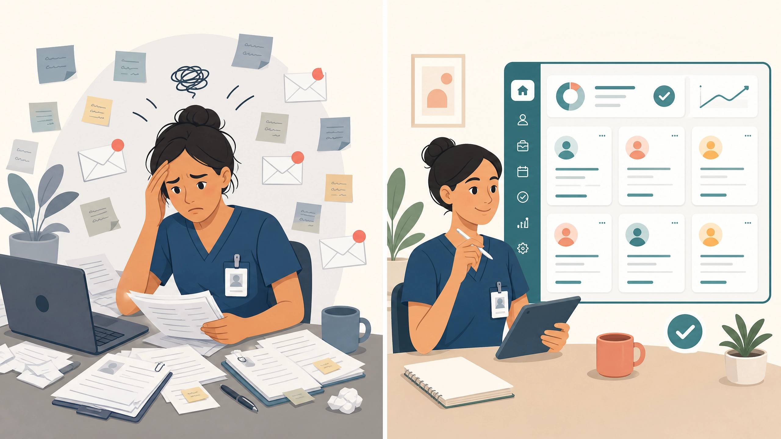 Illustration contrasting a chaotic CNA job search with an organized system for tracking Arizona applications