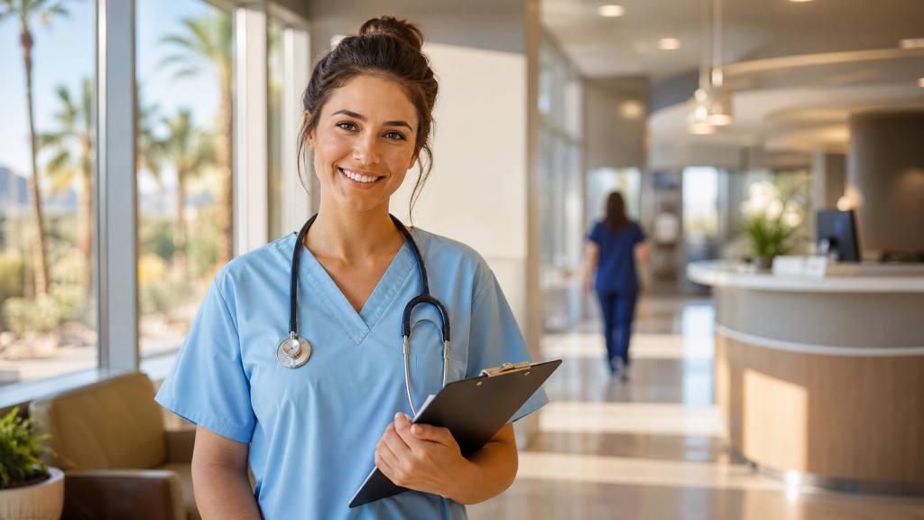 Certified Nursing Assistant in scrubs working at a Scottsdale hospital representing CNA jobs in Scottsdale AZ