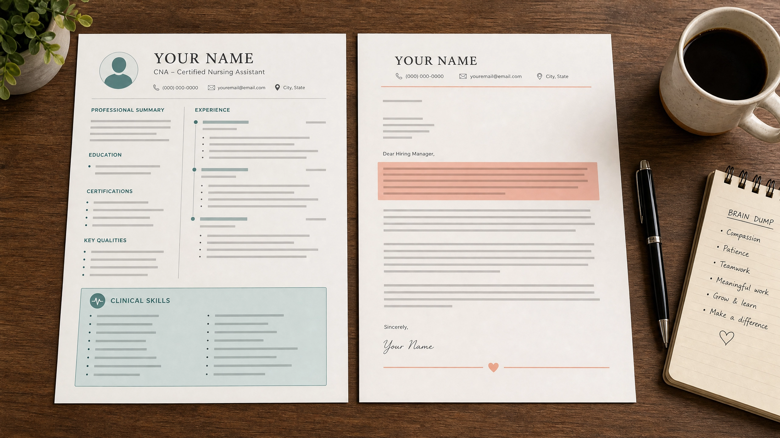 CNA resume and cover letter laid out on a desk showing how to craft a standout Scottsdale job application