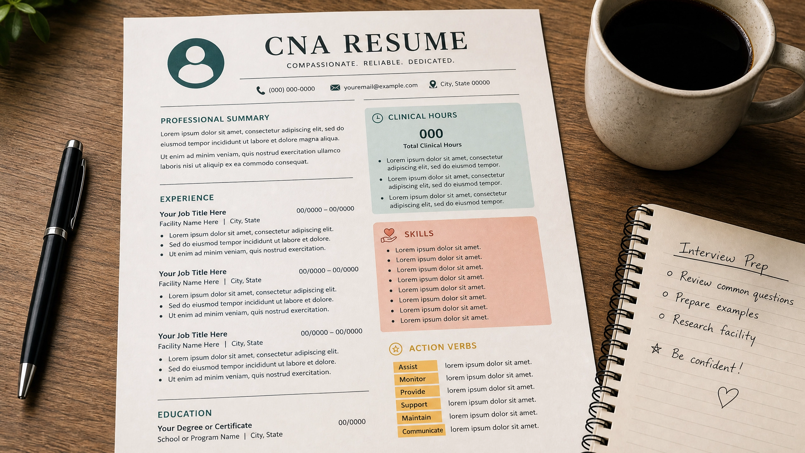 Annotated CNA resume mockup showing how to highlight clinical hours, skills, and action verbs for Arizona job applications