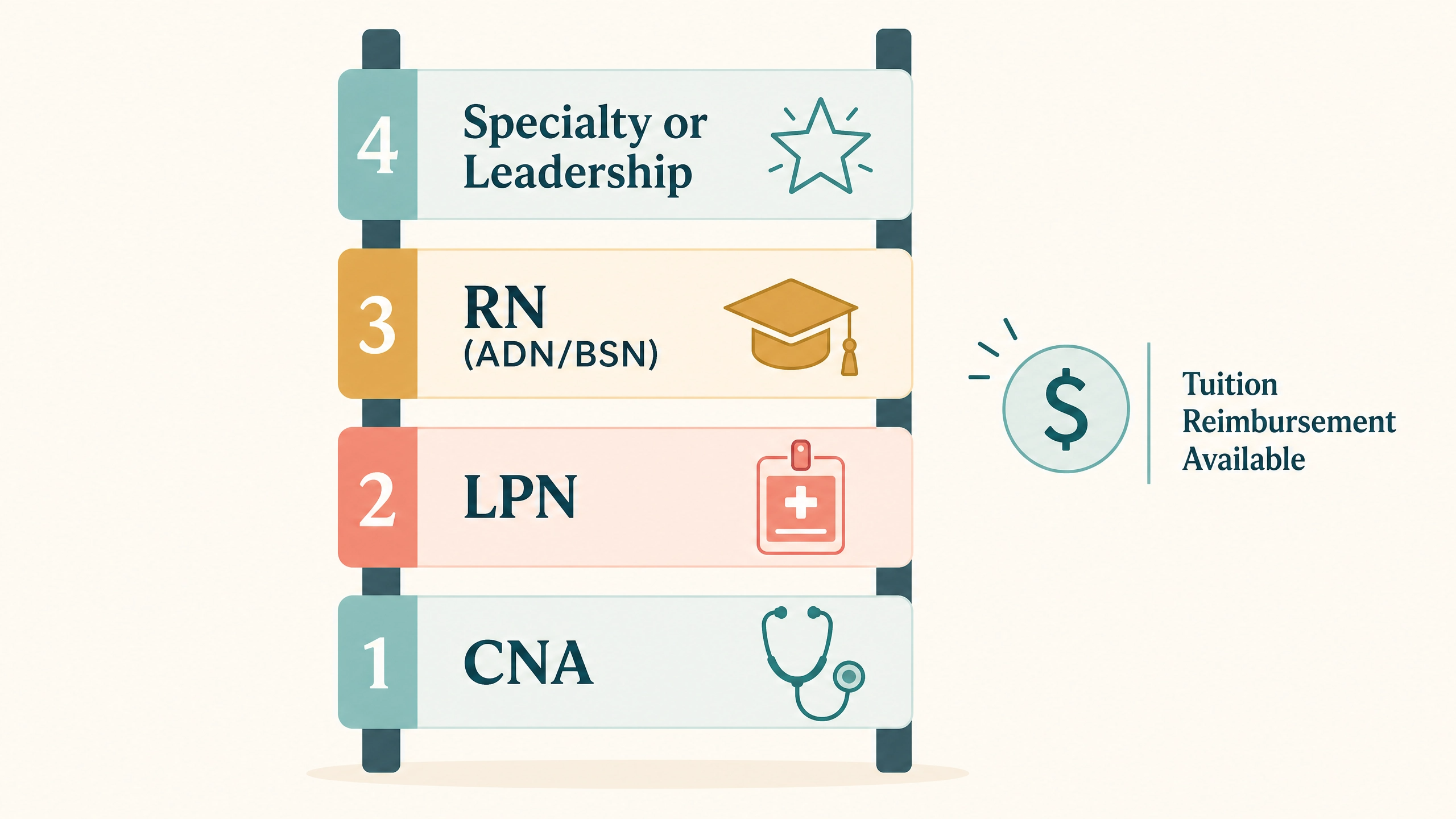Career ladder showing how a CNA job in Arizona leads to LPN, ADN, BSN, and specialty nursing advancement