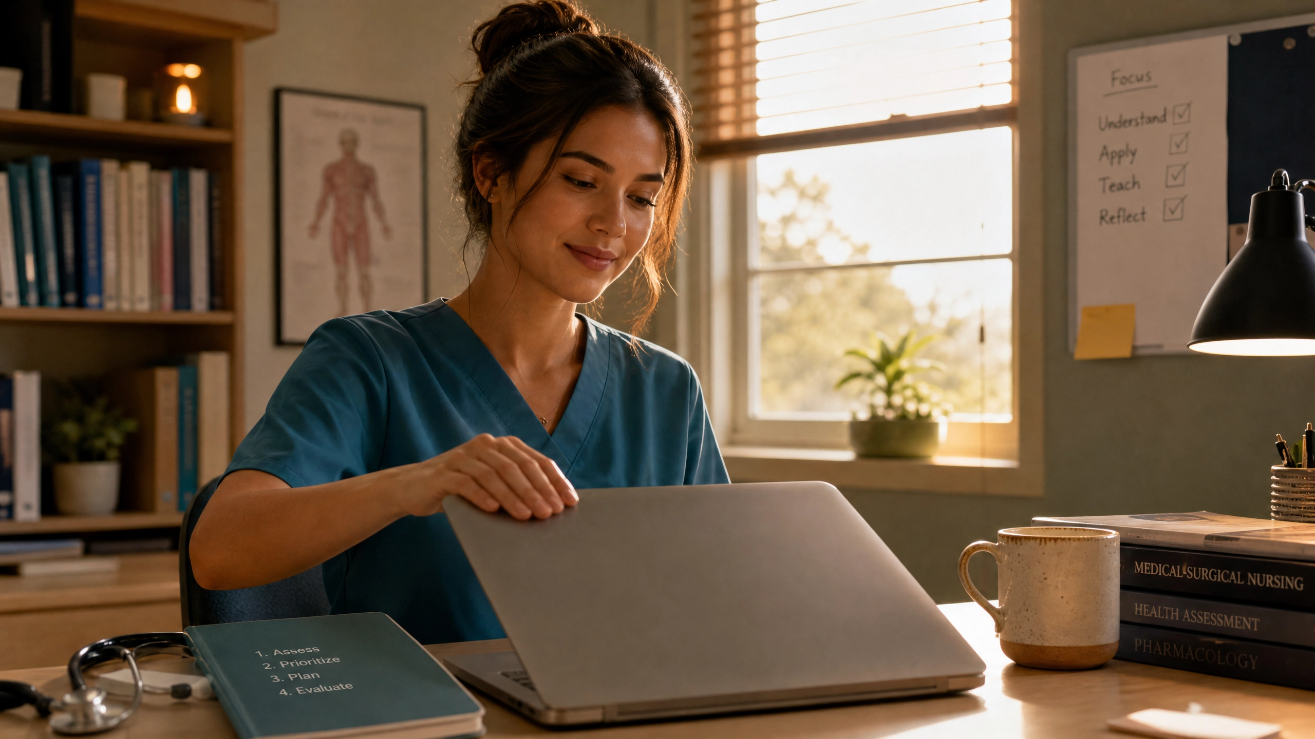 Confident nursing student finishing a study session after applying the 4-step method to every NCLEX question
