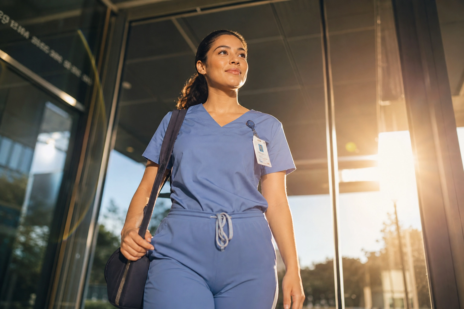 Confident new graduate nurse walking into a hospital, ready to take the NCLEX exam with calm self-assurance.