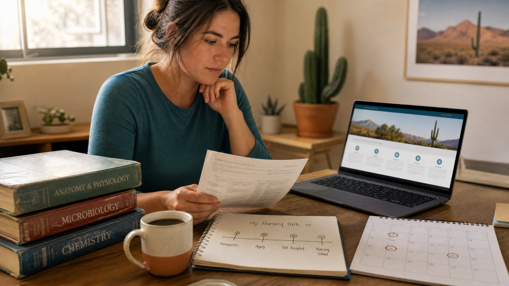 Prospective nursing student reviewing old transcripts to determine if her prerequisites expire for nursing school in Arizona