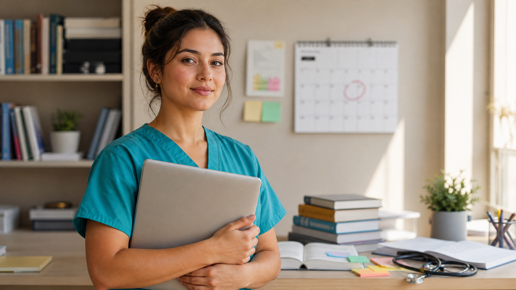 Confident nursing graduate in scrubs showing the signs she is ready for NCLEX exam