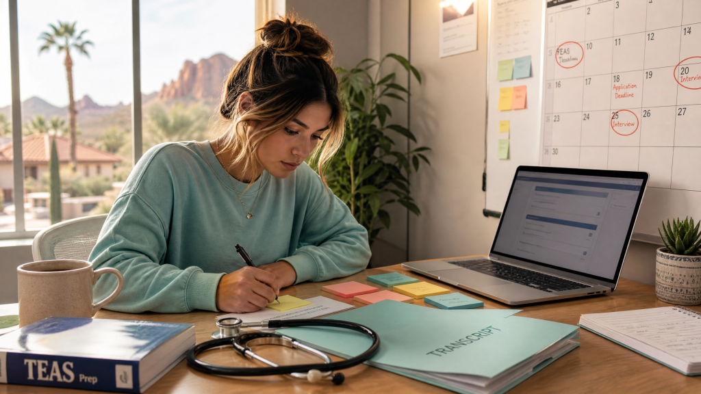 Pre-nursing student mapping out Arizona nursing school application deadlines on a 2026 calendar