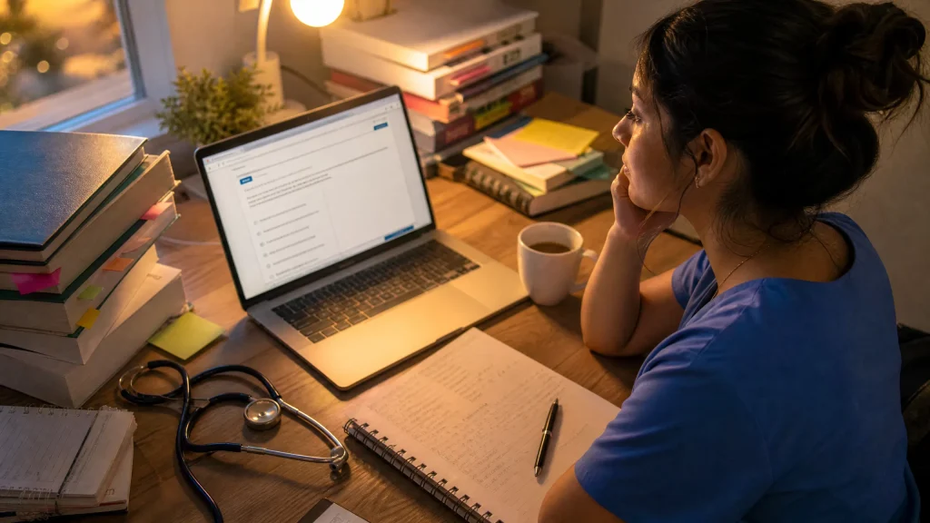 Nursing student at a study desk surrounded by NCLEX review books and a laptop, looking thoughtful while preparing for the exam.