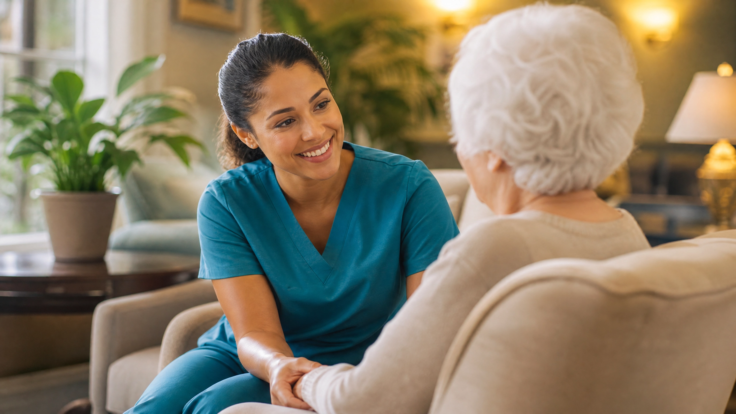 CNA providing compassionate relationship-based care to an elderly resident in an Arizona skilled nursing facility
