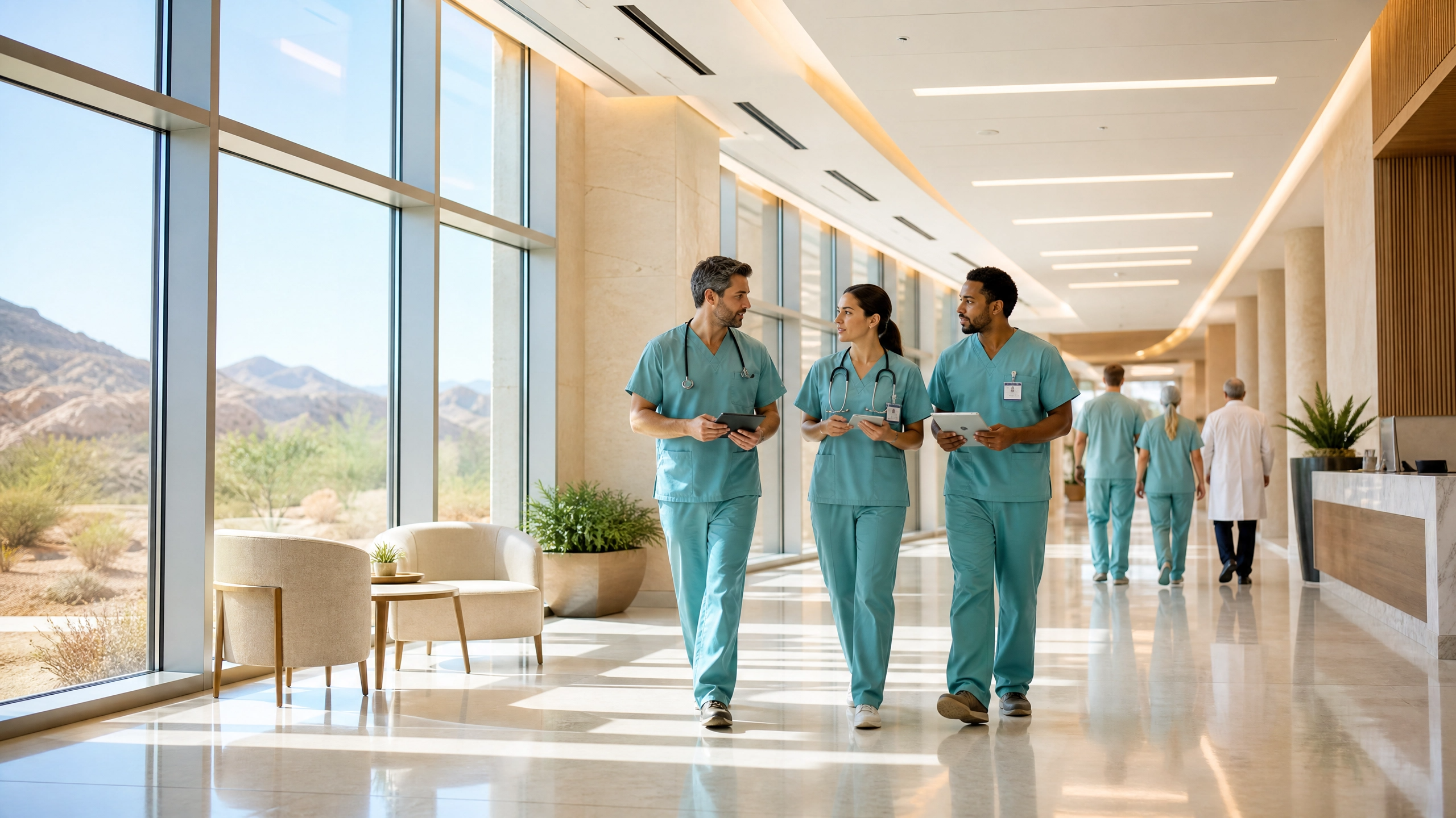 Modern hospital corridor representing the collaborative care environment where Scottsdale CNAs work
